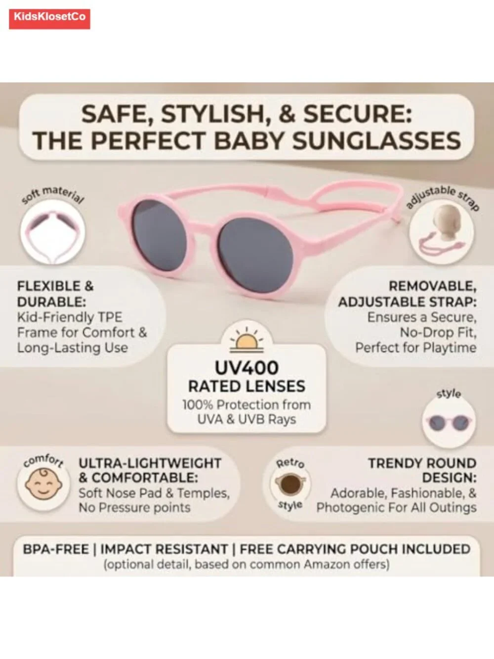 Baby Polarized Sunglasses with Strap TPEE Flexible Frame UV400 Protection